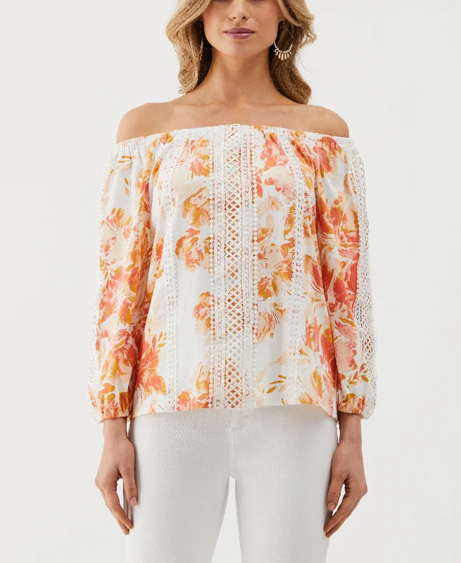 Weekend Specials Just for You Petite Floral Print Lace Trim Off the Shoulder Top