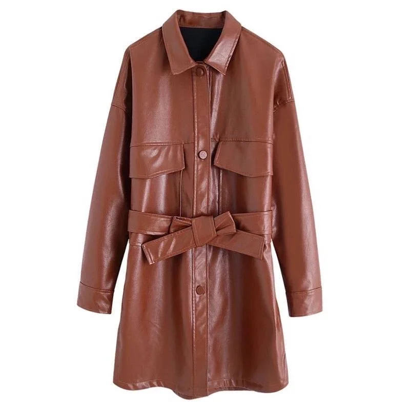 Weekend Bargains Await You PU Leather Pocket Detailed Belted Shirt Dress in Brown