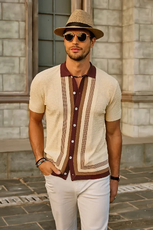 Midnight Madness Men Contrast Color Cardigan Sweater Short Sleeve Lapel Button-up Knitwear