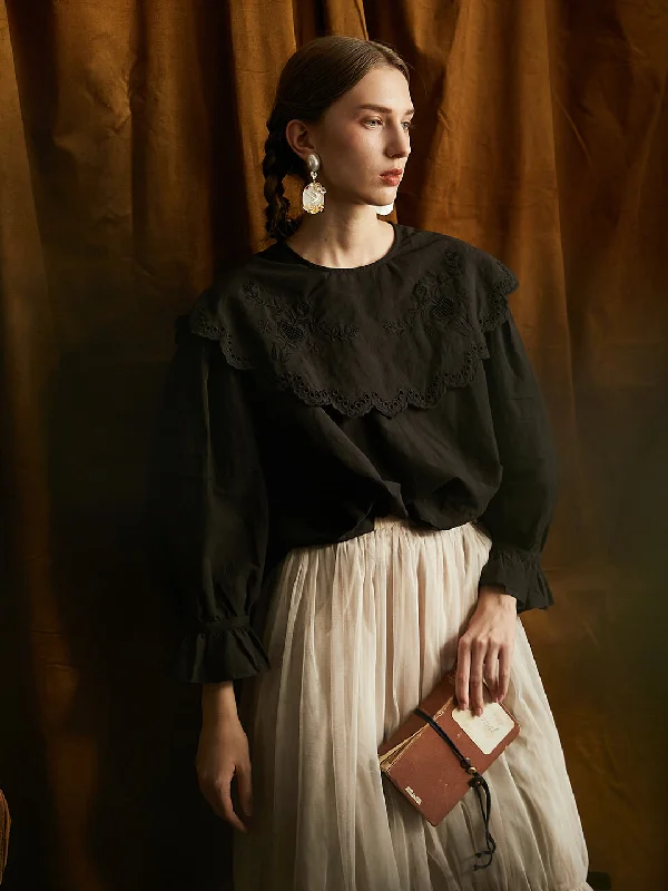 Weekend Deals to Make You Smile Unlogical Poem Victorian style Hollow Embroidery Black Shirt