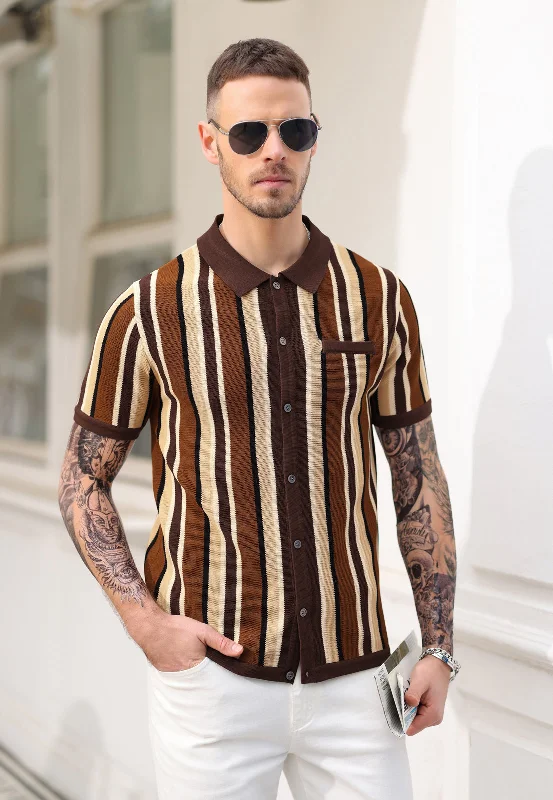 Deep Discounts Men’s Short Sleeve Knit Shirt Vintage Stripe Lapel Collar Polo Cardigans Shirts