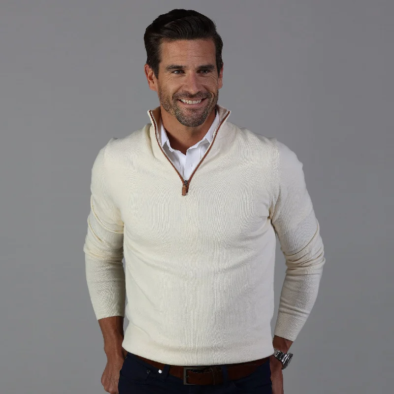 Can't Miss Cream with Brown Suede Trim Luxury Touch Cotton and Cashmere Quarter Zip Sweater