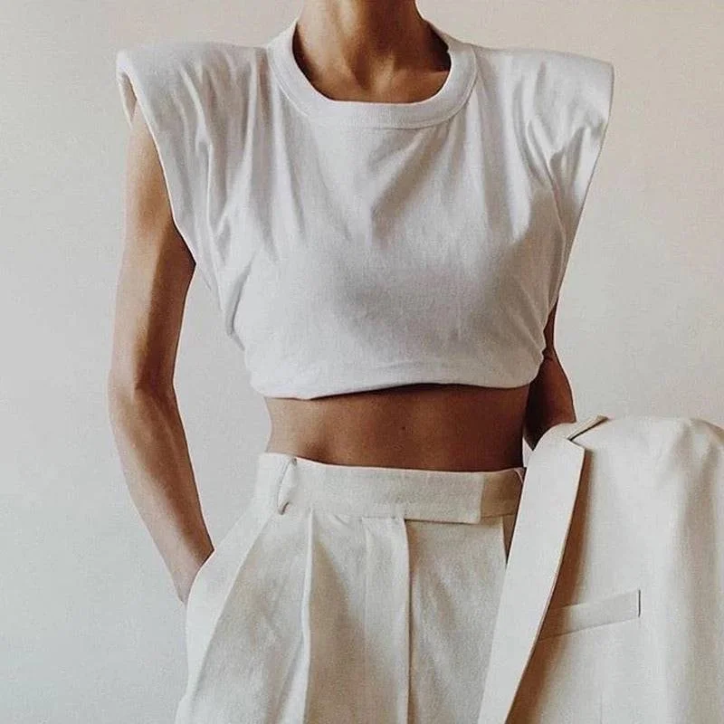Weekend Sale: Don't Miss Out White Cotton Shoulder Pads Crop Tee