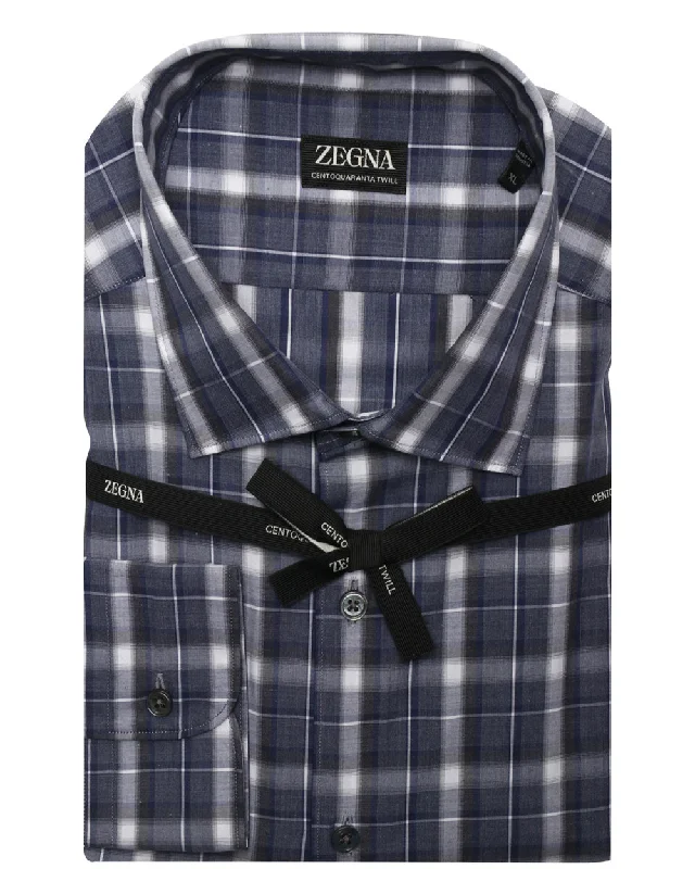 Unbeatable Deal Indigo and Charcoal Centoquaranta Twill Plaid Sportshirt