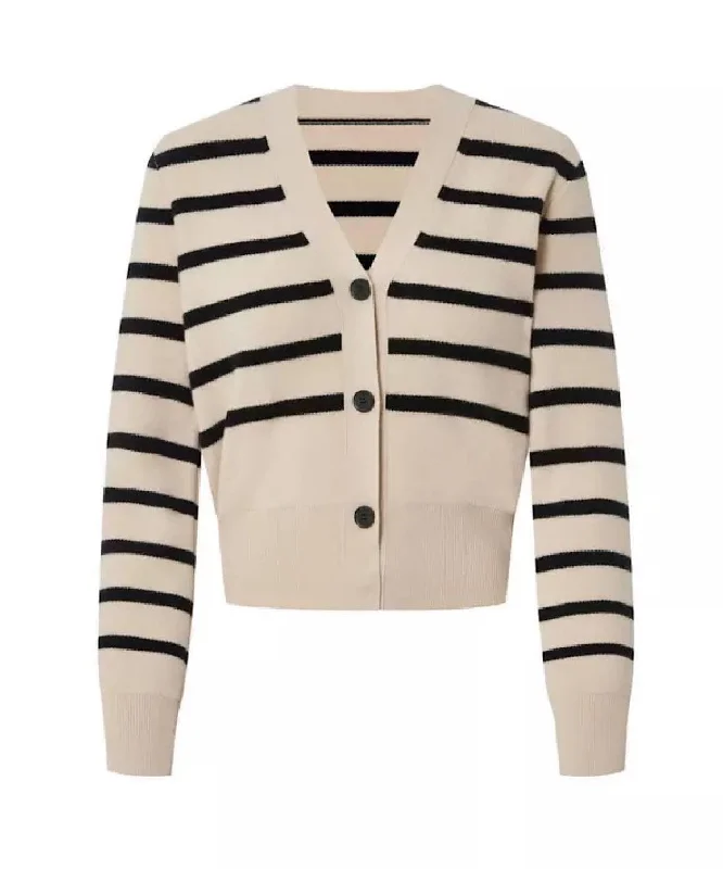 New Deal Striped Pattern Knit Cardigan In Beige