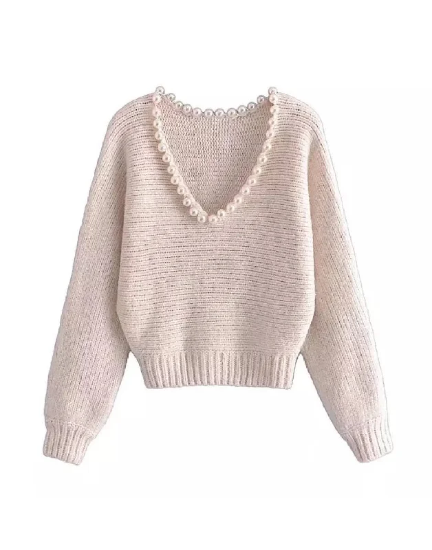 Weekend Shopping Made Better Pearl V Neck Collar Loose Sweater