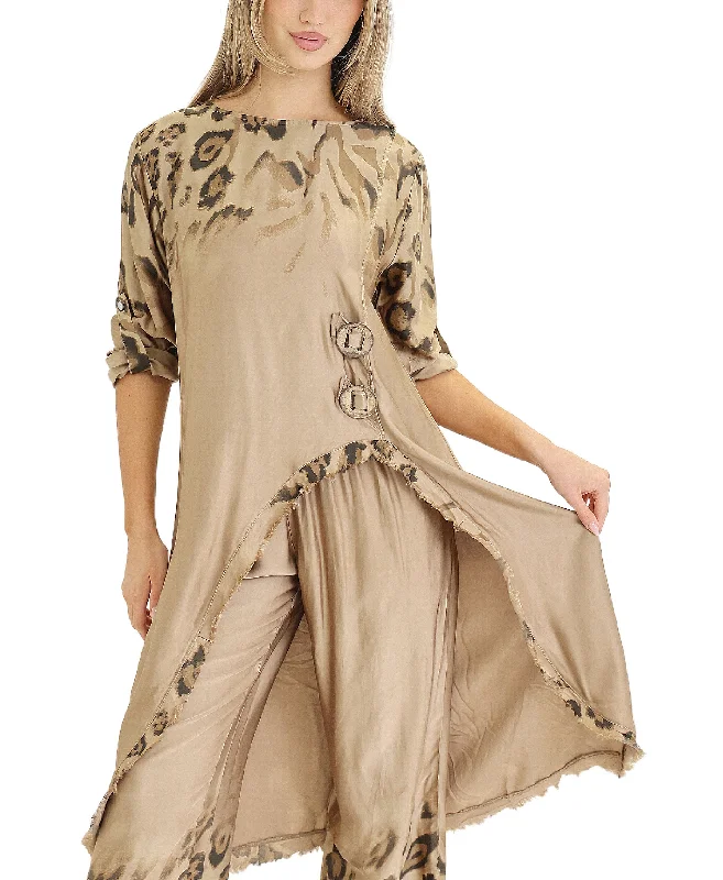 Overstock Clearance Satin Leopard Print Asymmetrical Tunic
