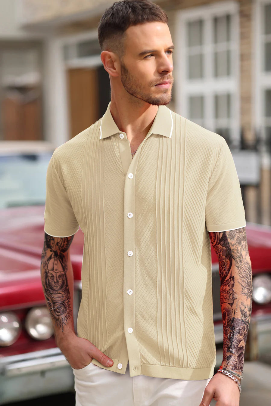 Weekend Savings Fiesta PJ Men Textured Cardigan Sweater Short Sleeve Lapel Collar Button-up Knitwear Weekend Savings Fiesta PJ Men Textured Cardigan Sweater Short Sleeve Lapel Collar Button-up Knitwear