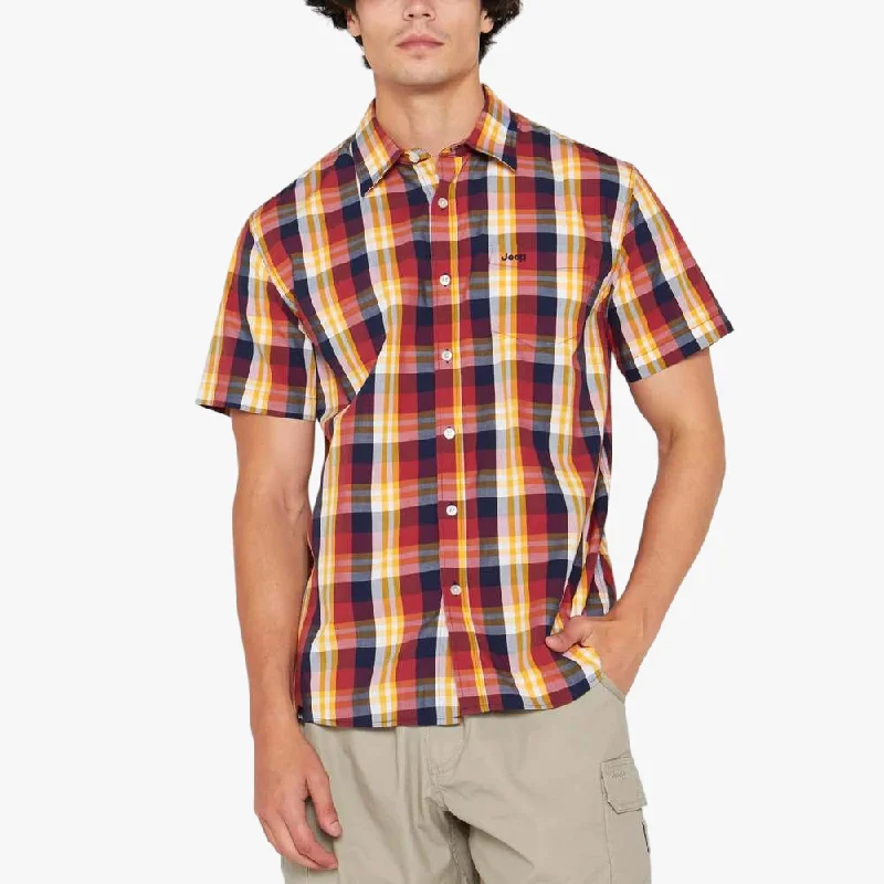 Bargain Prices Jeep Mens Yarn Dyed Check Short Sleeve Shirt Burgundy Yellow