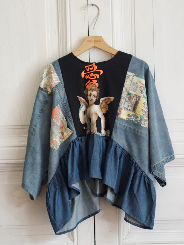 Weekend Specials to Celebrate Unlogical Poem Vintage Style Embroidered Denim Patchwork Blouse