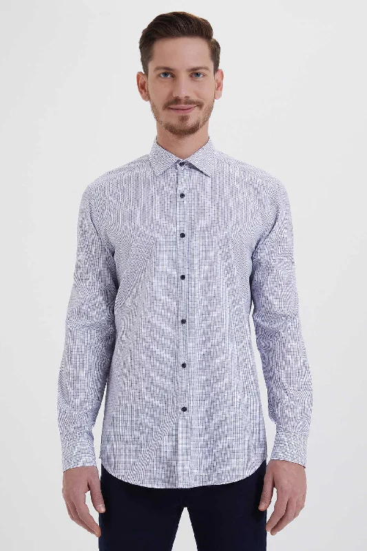 Regular Fit Patterned Long Sleeve Cotton Blue Casual Shirt