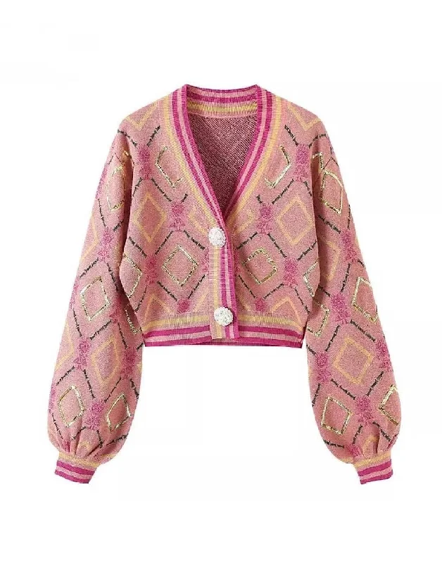 Weekend Discounts to Grab Pink Sequin Patterned Cropped Cardigan