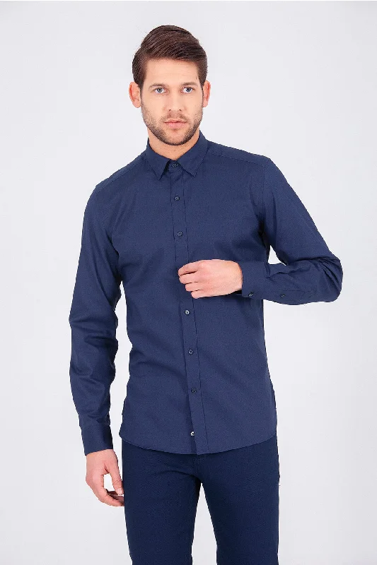 Instant Savings Slim Fit Plain Long Sleeve Cotton Navy Dress Shirt