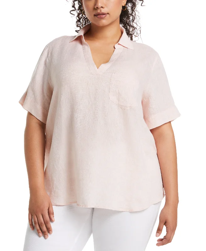 Time-Limited Offer Plus Size Split Neck Linen Top