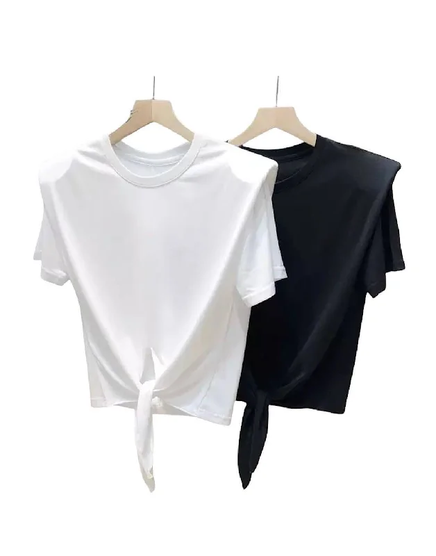 Super Deal Tie Waist Shoulder Padded Crop Tee