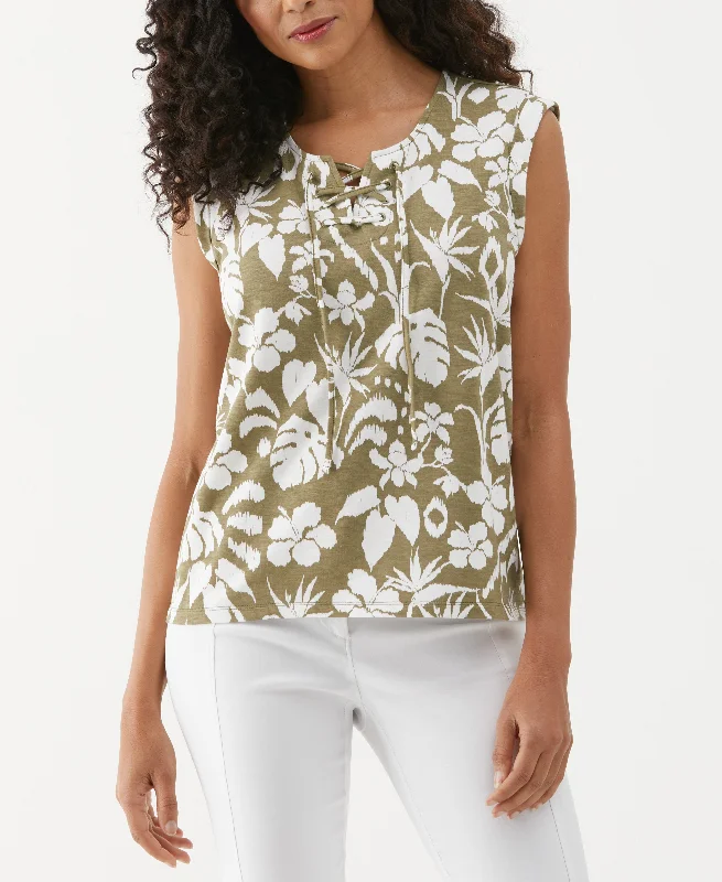 Weekend Extravaganza: Shop Now Petite Tropical Print Lace-Up Tank Top