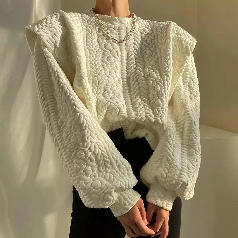 Weekend Discounts to Relish Patterned Scoop Neck Exaggerated Shoulder Sweater