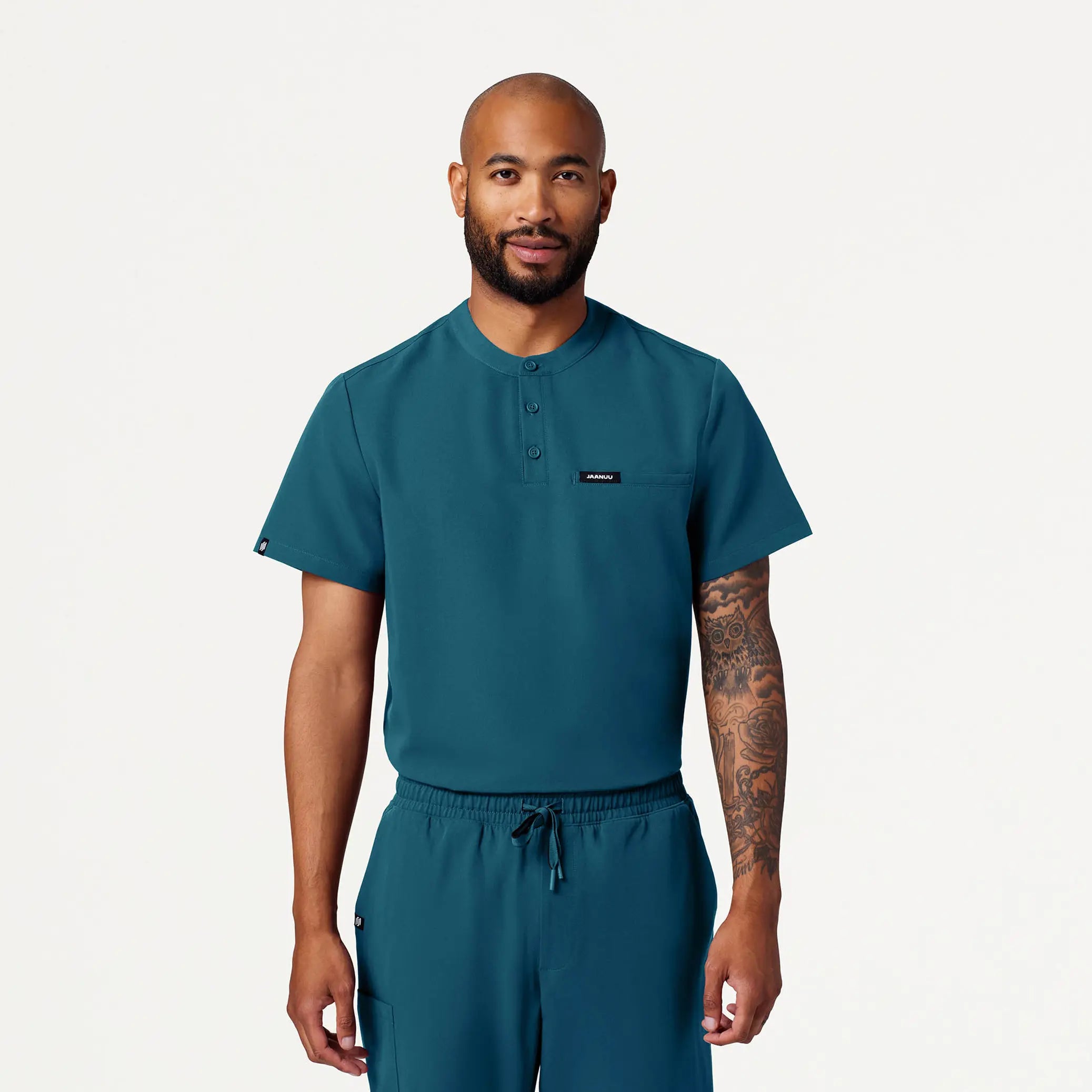 Final Clearance Jaanuu Men's Reeve Henley Scrub Top - Caribbean Blue