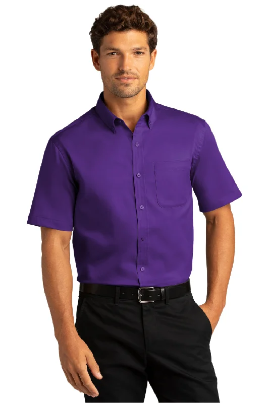 Port Authority Mens SuperPro Wrinkle Resistant React Short Sleeve Button Down Shirt w/ Pocket - Purple