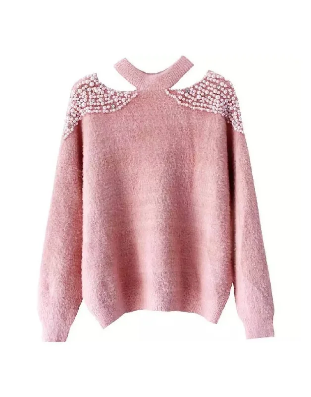 Steal Deal Pearl Shoulder Cut Out Fuzzy Sweater