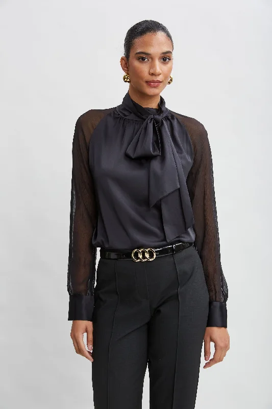 Weekend Discounts to Grab Chiffon Sleeve Silk Satin Tie Shirt