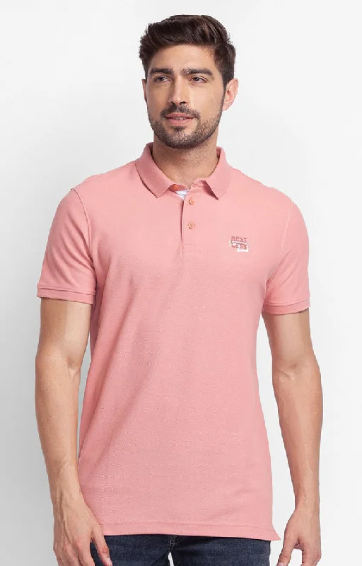 Discount Deals Spykar Peach Pink Cotton Half Sleeve Plain Casual Polo T-Shirt For Men
