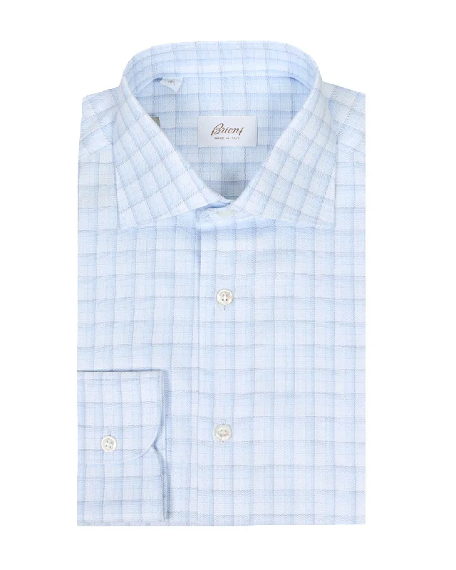 White and Sky Blue Twill Check Dress Shirt