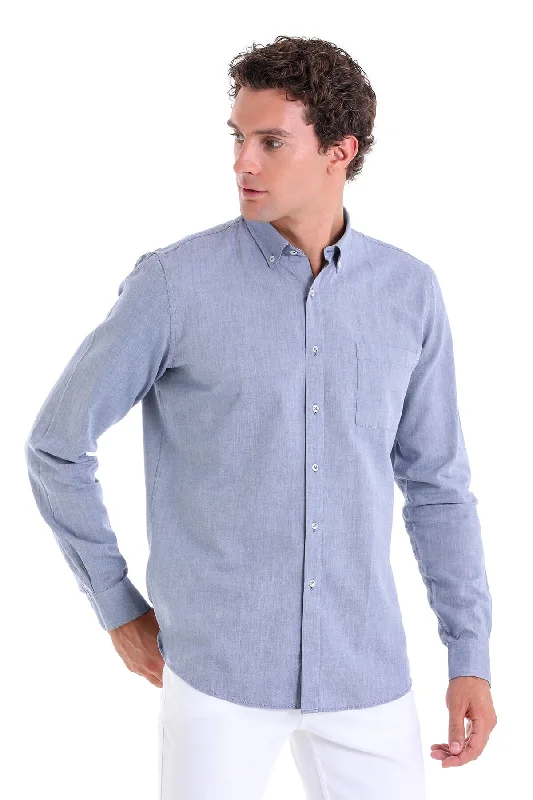 Act Now Comfort Fit Long Sleeve Cotton Light Navy Casual Shirt