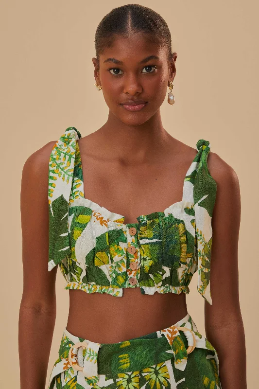 Weekend Special Tropical Forest Off-White Knot Sleeveless Crop Top