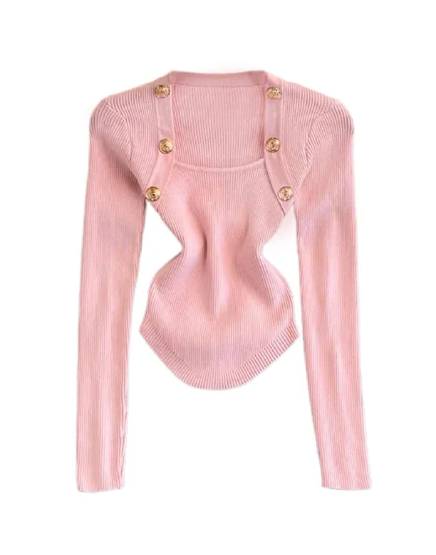 Weekend Deals That Wow Square Neck Metal Buttoned Knit Top