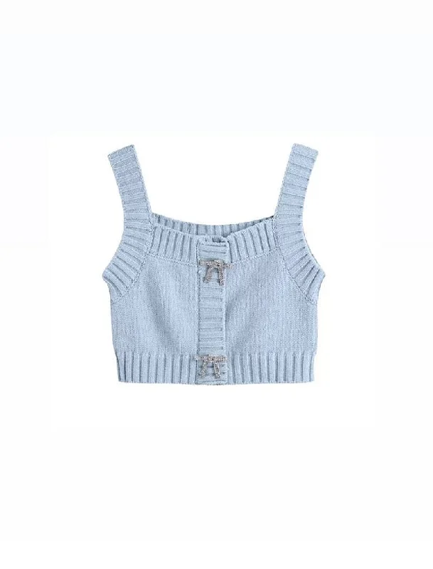 Weekend Shopping Extravaganza Blue Cropped Cozy Sweater Top With Rhinestone Buttons