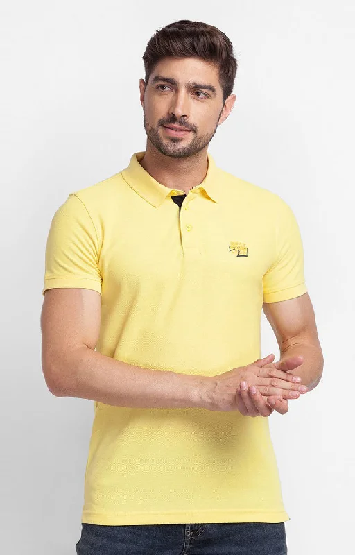 Bonus Savings Spykar Yellow Cotton Half Sleeve Plain Casual Polo T-Shirt For Men