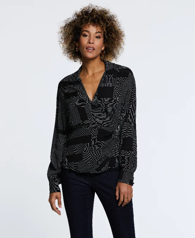 The Best Deal Petite Size Eco Fabric Long Sleeve Faux Wrap Blouse