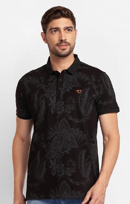 Deal Alert Spykar Black Cotton Half Sleeve Printed Casual Polo T-Shirt For Men