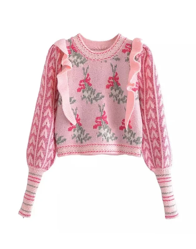 Weekend Deals That Please Pink Floral Ruffle Knit Sweater