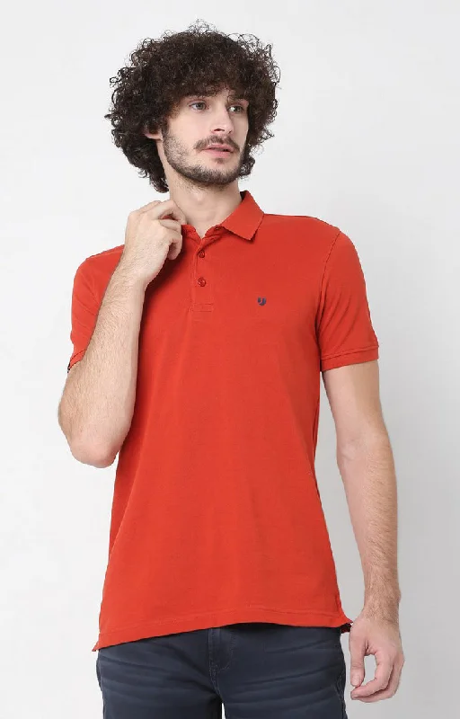Early Access Men Premium Orange Cotton Regular Fit Polo T-Shirt - Underjeans By Spykar