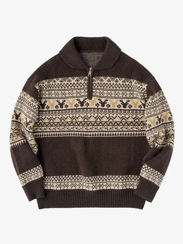 Fair Isle Pattern Jacquard Woven Half-Zip Sweater