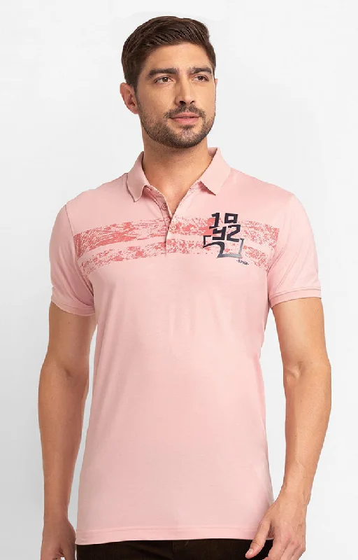 Bargain Bin Spykar Dusty Pink Cotton Half Sleeve Printed Casual Polo T-Shirt For Men