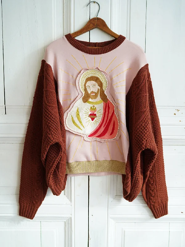 Weekend Savings Spectacular Unlogical Poem Jesus Embroidery Patchwork Knitted Sweatshirt