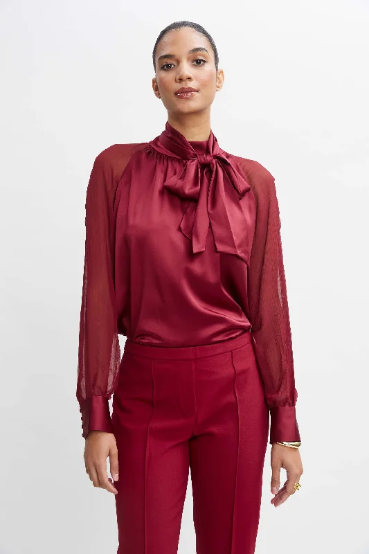 Weekend Bargains to Enjoy Chiffon Sleeve Silk Satin Tie Shirt