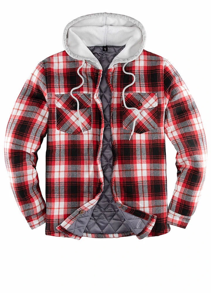 Online Only Men's Quilted Lined Button Down Plaid Flannel Shirt Jacket with Hood