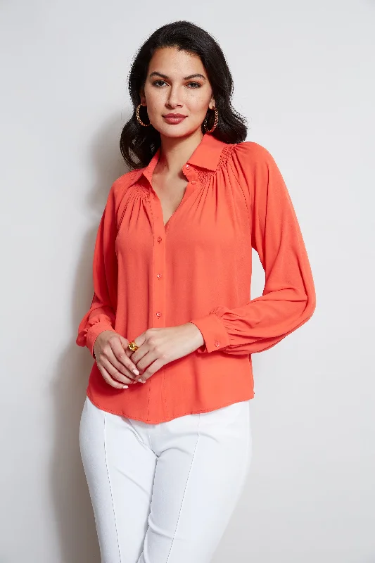 Special Discount T-Tahari Long Sleeve Smocked Button Down Shirt