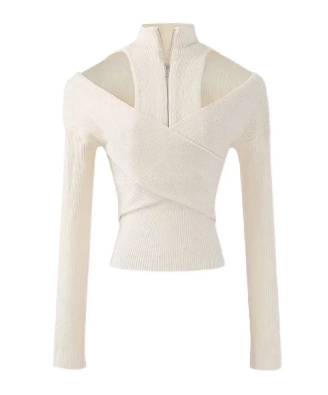 Lowest Price Ribbed Knit Wrap Zipped Sweater In White