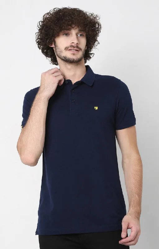 Huge Discounts Men Premium Inkblue Cotton Regular Fit Polo T-Shirt - Underjeans By Spykar