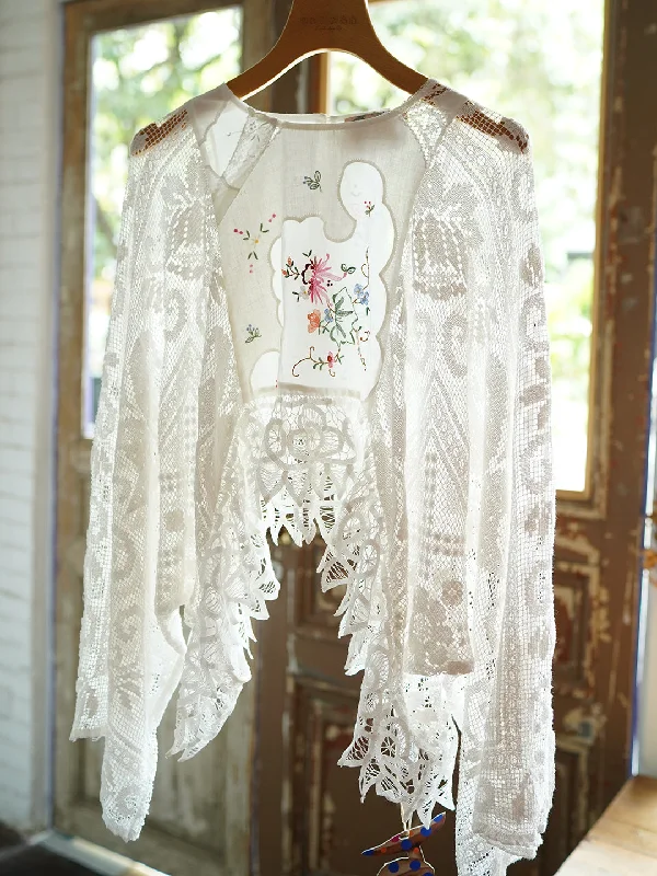 Deal of the Day Unlogical Poem Floral Silk Embroidery Patchwork Cotton Lace Blouse