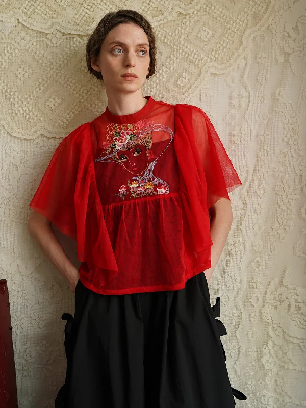 Take Action Unlogical Poem Retro Elegant Embroidered Mesh Top