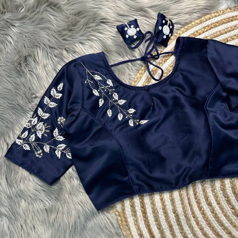 Don't Delay Women's Navy Blue Colour Pure Silk Readymade Blouse