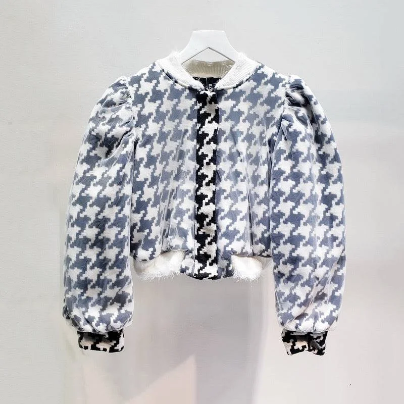 Weekend Savings Spectacular Houndstooth Ruched Sleeve Mesh Bomber Jacket