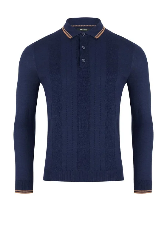 Remus Uomo Long Sleeve Knit Polo Shirt, Dark Blue