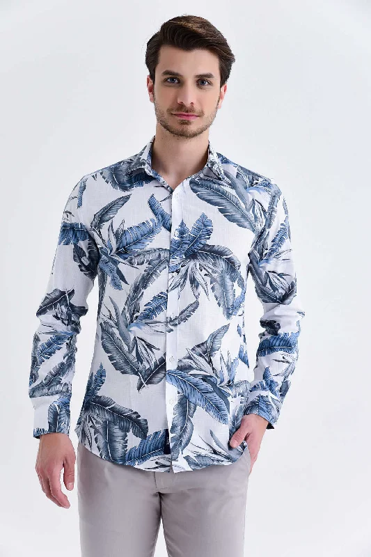 Slim Fit Floral Printed Cotton Gray Casual Shirt